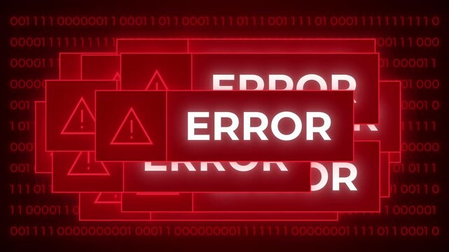 CGI template of multiple red error messages with exclamation mark symbol appearing chaotically on computer screen, against background of running binary digits, during system failure or hacker attack