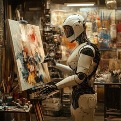 Fototapeta premium Robot Painting in Modern Art Studio Setting