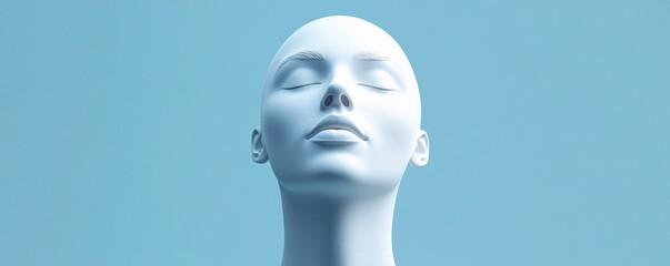 White mannequin head expressing serenity with closed eyes on blue background