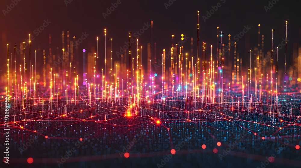 Poster glowing futuristic data network visualization with colorful interconnected lines and points represen