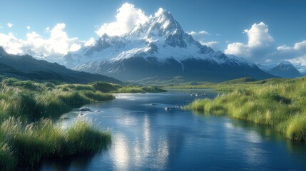 Majestic snow-capped mountain reflected in calm river.
