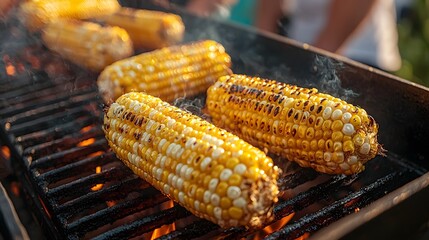 Closeup view of golden charred grilled corn cobs on a hot backyard barbecue grill with soft focus people enjoying a summer outdoor gathering or party in the background