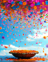 Holi Festival of Colors decorated product display podium background, Spring Holi bloom, colorful flower petals and splashes of vibrant powder, blue skies, vibrant Holi festive colors, hinduism