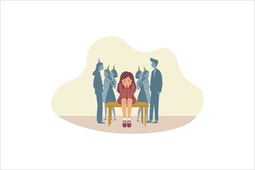 Depressive crowd. Sad teen girl behind parties people, social depression, mental burnout and anxiety face, solitude concept stress emotion, Girl depressed and sad. Vector illustration.