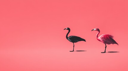 Fototapeta premium Pink black flamingos on vibrant background