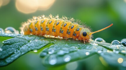 Orange caterpillar, dew-covered leaf, vibrant green.