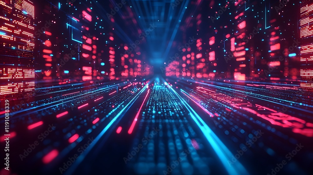 Poster futuristic and abstract image of an interconnected digital data grid with dynamic glowing light trai