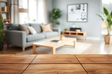 Empty wooden table top with blurred living room interior background. Space for product display and montage.