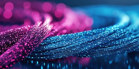 Contrast bold tone concept. Vibrant strands of illuminated fibers in pink and blue tones create a mesmerizing abstract background.