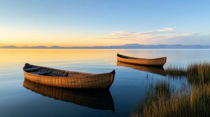 Obraz premium Tranquil Lake Sunrise with Traditional Boats