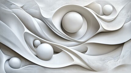 Abstract composition of smooth white curves and spherical forms creating a minimalist, flowing design.