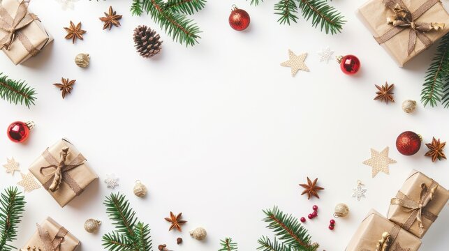 Festive Christmas gifts frame, white background, holiday decor, copy space