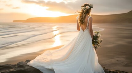 A bride in a flowing white gown with a floral crown stands on a beach at sunset, holding a bouquet and gazing at the ocean.