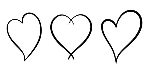 Vector heart illustrations set in line art style. Graphic monochrome drawing. Hand drawn heart outline sketch, ink illustration. Design element for wedding invitation, Valentines day, tattoo, logo