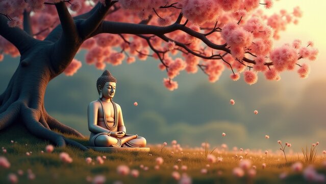 Buddha, Buddhism, The last days and parinirvana. Minimalist photo of a flowering sal tree, its blossoms gently falling over Buddha&rsquo;s figure, symbolic of the end of his journey.