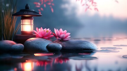 A serene scene featuring a glowing lantern, pink lotus flowers, and smooth stones by a calm water surface.