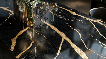 Luxurious black marble table with golden streaks, crystal glasses, and a floral vase in an elegant setting.