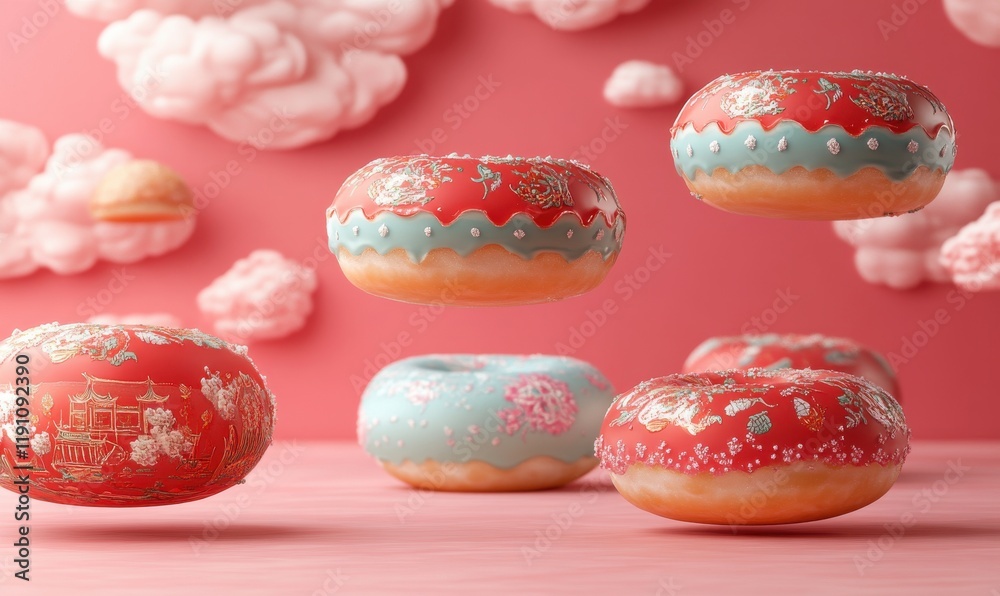 Wall mural Vibrant Hanging Donuts with Intricate Designs Surrounded by Pink Clouds on a Light Pink Background for Whimsical Food Photography