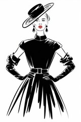 Obraz premium Elegant Woman in Black Dress and Hat