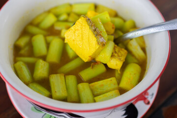 Yellow curry with fish and bamboo shoot Thai southern style food.