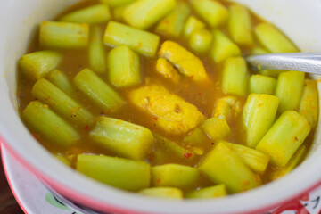 Yellow curry with fish and bamboo shoot Thai southern style food.
