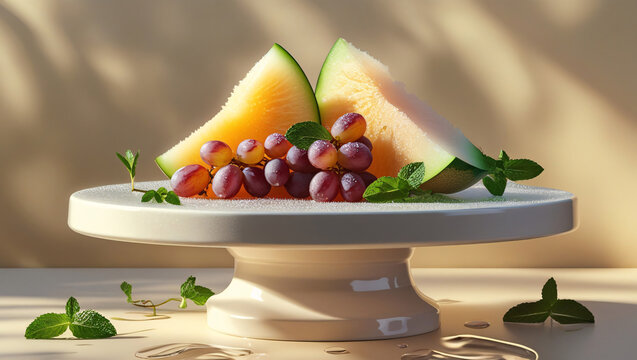 Create a visually stunning dessert composition featuring fresh California grapes, sliced honeydew melon, and a sprinkle of fragrant mint leaves, arranged artfully on a crisp white ceramic plate 