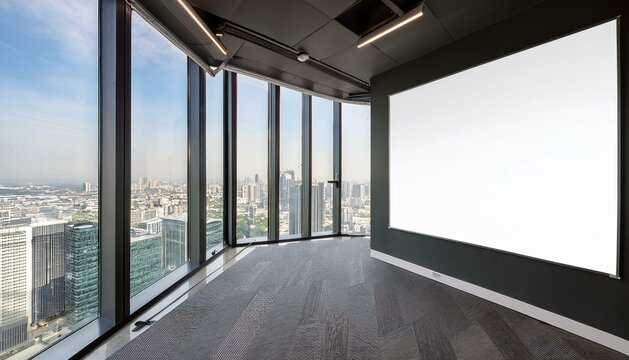 Dise&ntilde;o de interior de espacio de oficinas modernas vac&iacute;as con ventanas de cristal de gran tama&ntilde;o