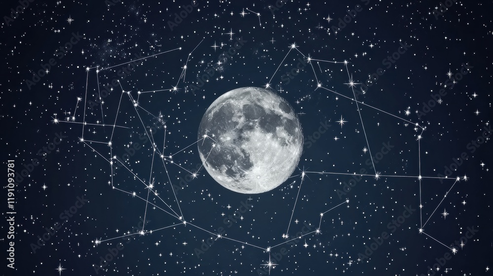 Aufkleber stunning night sky with a glowing full moon and shining constellations over a serene landscape. gene