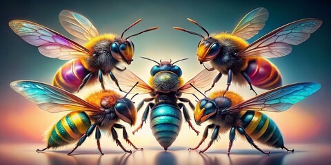 Surreal Four Bees on Pure White Background - High-Resolution Stock Photo