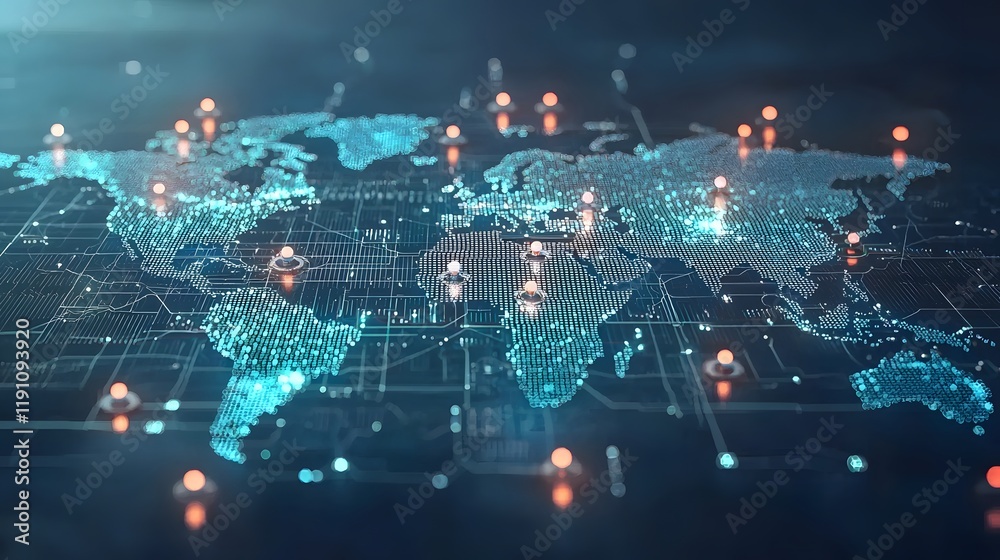 Poster futuristic abstract digital network data visualization showing interconnected nodes and links spanni
