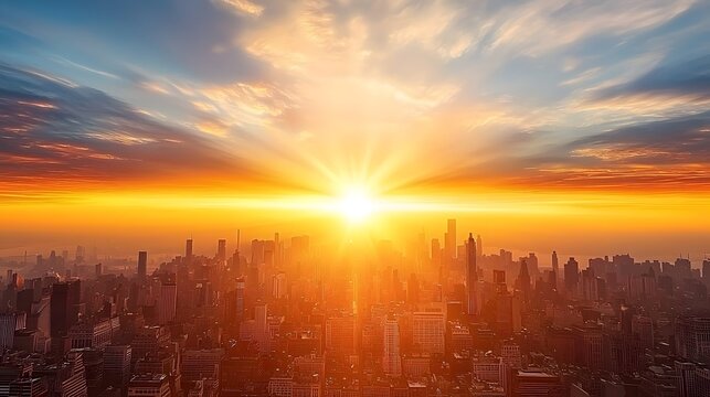 Glowing futuristic city skyline at dramatic sunrise over a tranquil urban landscape with tall skyscrapers bright horizon and vibrant colorful sky  Concept of progress innovation