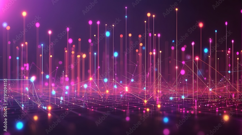 Poster abstract pulsing dots and lines in a vibrant digital network graphic representing the dynamic flow a