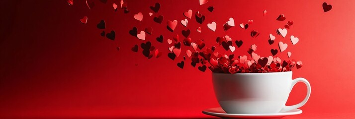 Red paper hearts splash out from white coffee cup on red paper background. Love and Valentine's day concept. Copy Space