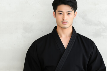 Fototapeta premium Young Asian man in black martial arts uniform against a plain wall