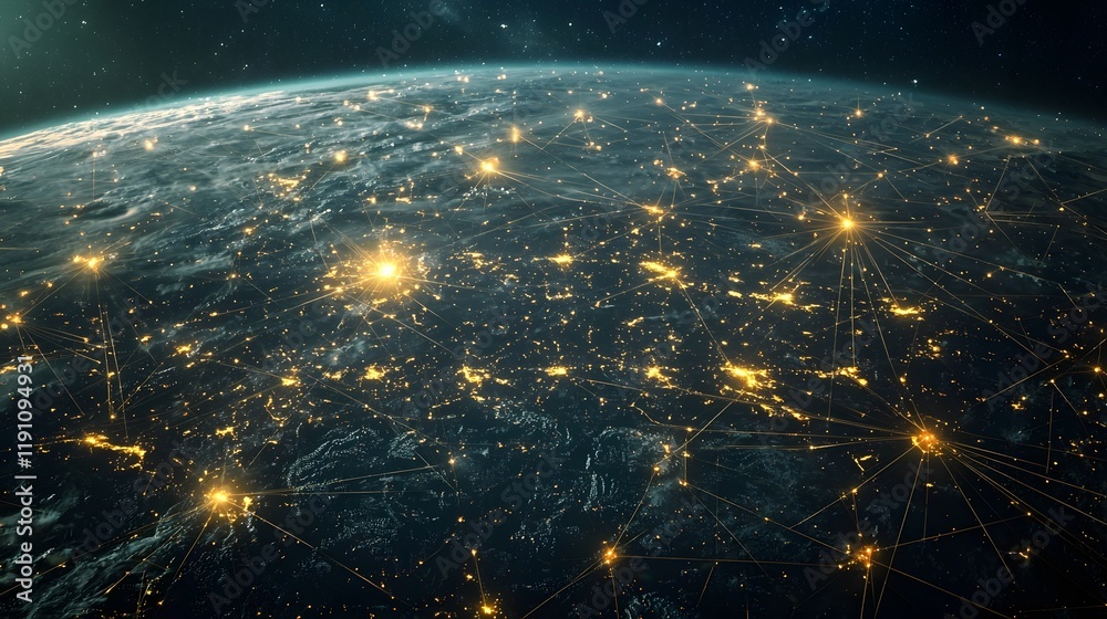 Poster depiction of a vast interconnected network of digital data transfer and global communication infrast
