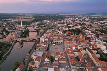 Kolin city center aerial panorama highlighting the picturesque old town square and its charming historical architecture Bohemia,Czech republic,