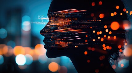 Abstract silhouette of woman with digital elements and light bokeh