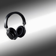 Black wireless headphones suspended with gray gradient background