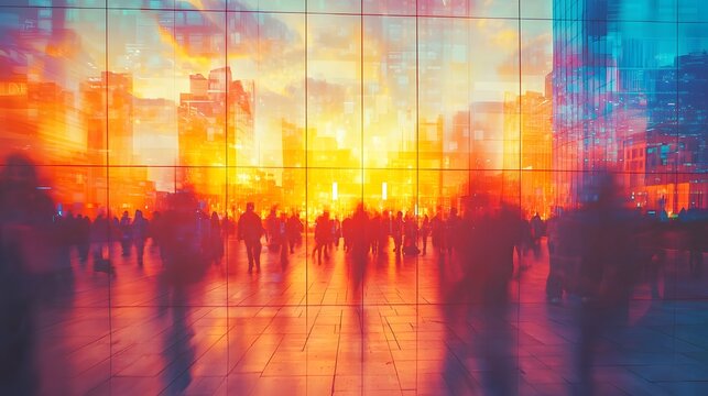 Futuristic digital interactive screen display with a bright 2025 year date and blurred abstract silhouette figures moving through a vibrant stylized cityscape skyline at sunset  concept of a modern