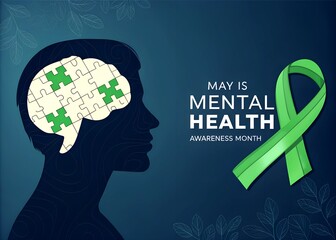 This image features a silhouette of a human head with a brain depicted as a jigsaw puzzle. The puzzle includes green and white pieces, symbolizing various aspects of mental health.