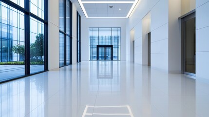 Fototapeta premium A modern, spacious lobby with glossy floors, large windows, and a minimalist design that enhances natural light.