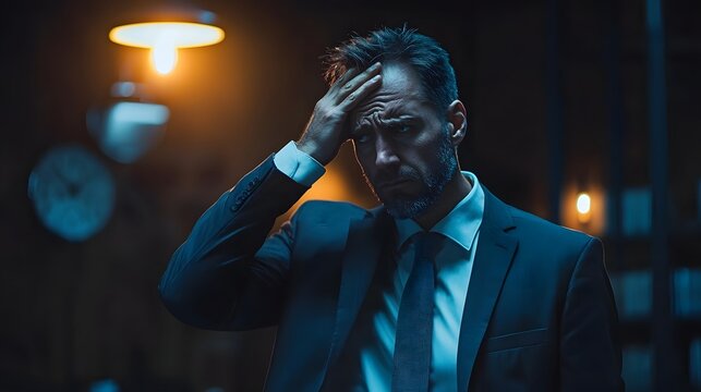 Businessman in Formal Wear Gripping His Forehead in Regretful Contemplation Under Dim Lighting in a Solitary Office Setting Conveying Feelings of Stress Anxiety