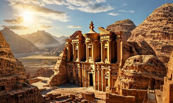 View of ruins of ancient city with temples at golden hours of sunset, inspired by nabatienh culture and arkhitecture	