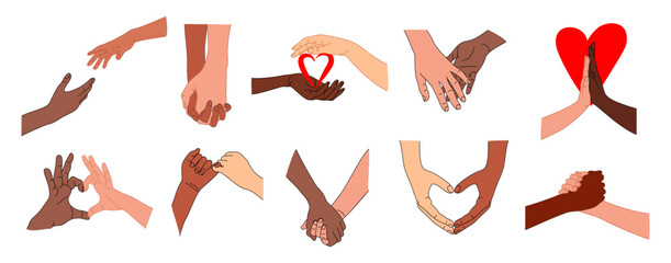  Two hands holding together set. Human fingers, couple palms touching, gesturing, heart shape. Support, love relationship concept. Flat colored vector outline illustration isolated