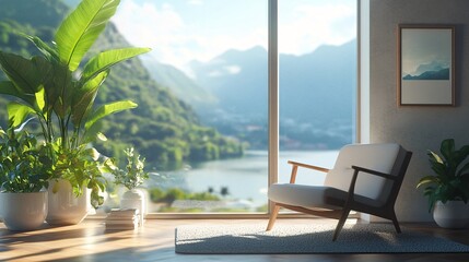 Fototapeta premium Modern living room overlooking tranquil lake and lush green mountains