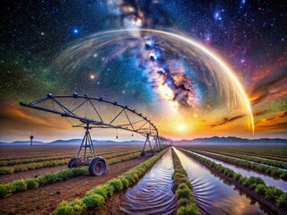 Obraz premium Surreal Irrigation: Water Spirals Across A Dried Landscape, Futuristic Agriculture