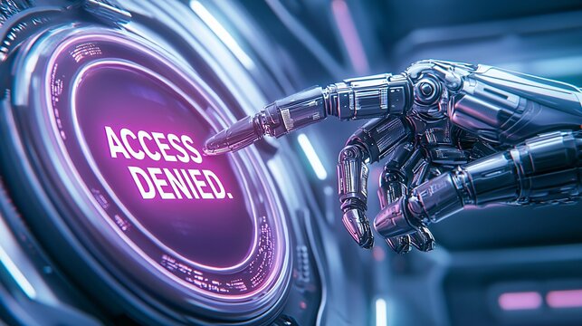Robot hand pressing access denied button futuristic control room digital art cyber environment close-up perspective