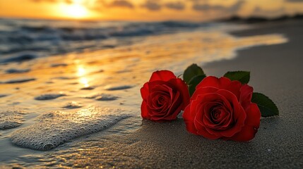 Romantic Sunset: Two Red Roses on a Sandy Beach