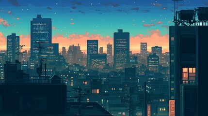 A retro pixel art background of a cityscape at night, evoking a nostalgic game environment.