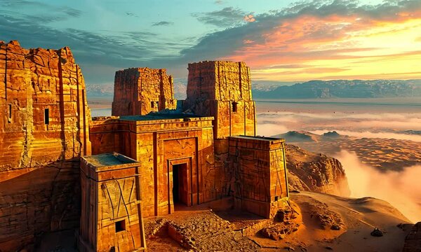 Ruins of ancient Persepolis, remains go temple with columns, camera flying above the site giving panoramic view, 4K